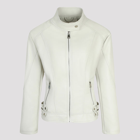 Damen Figurbetonte Motorradjacke mit hohem Stehkragen und Ziergürtel-Details Shop Nory