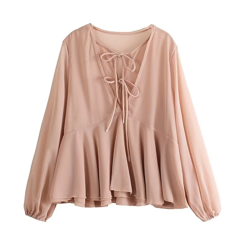 Damen Weiche Chiffonbluse mit Schnürung, V‑Ausschnitt und Volantsaum Shop Nory