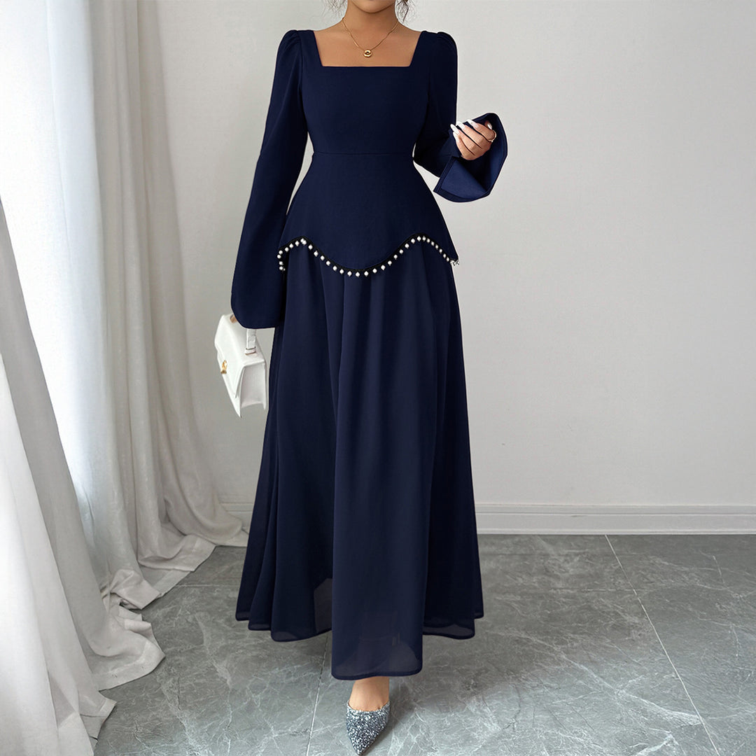 Damen nan elegantes Maxikleid mit quadratischem Ausschnitt, taillierter Schößchen-Passe und Perlenbordüre Shop Nory