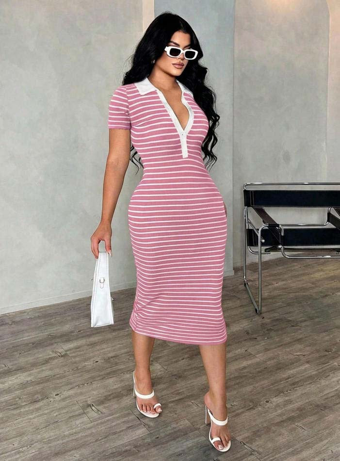 Damen Figurbetontes Polokleid im Streifen‑Look aus Rippstrick mit kurzem Ärmel Shop Nory