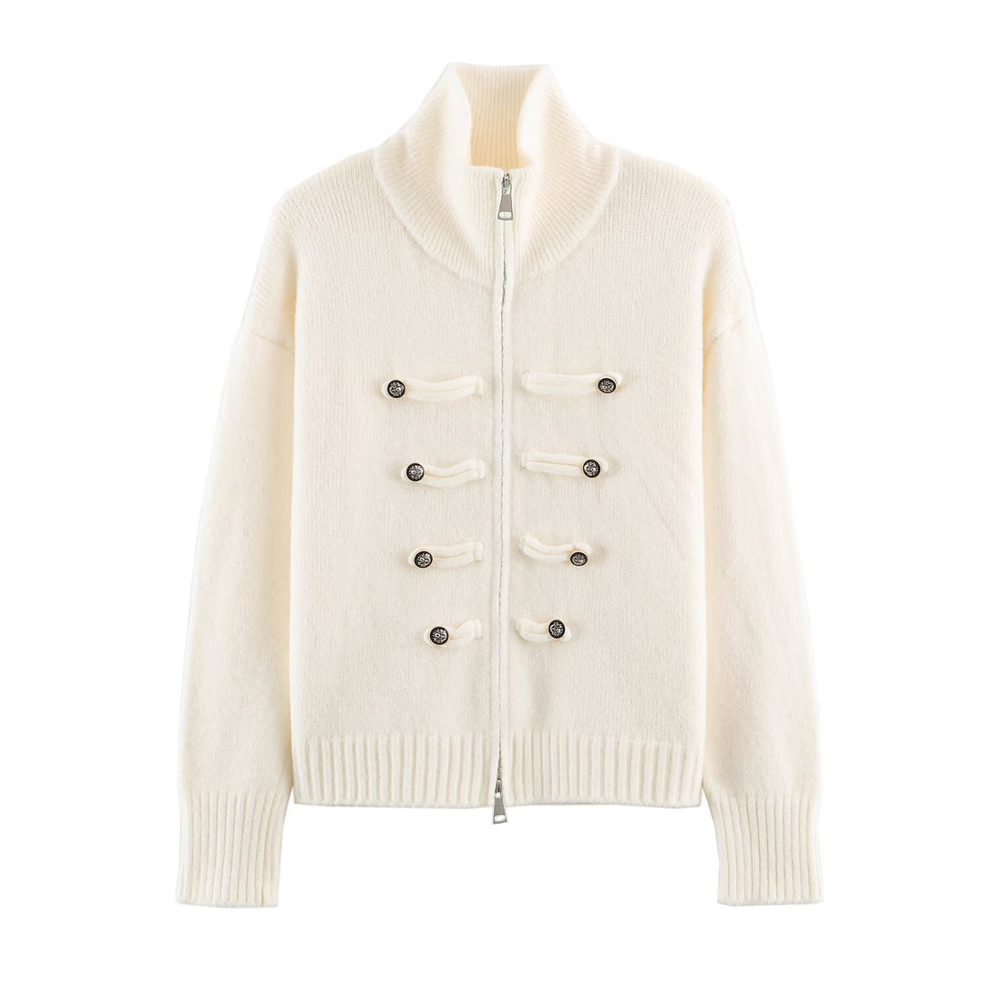 Damen Strickjacke mit Reißverschluss, hohem Stehkragen und dekorativen Zierknopfleisten Shop Nory