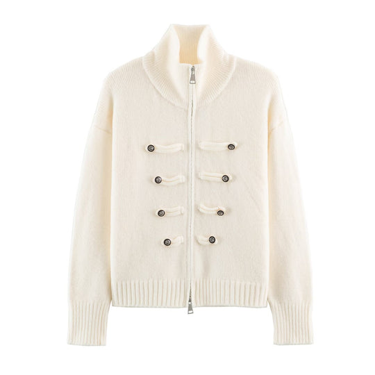 Damen Strickjacke mit Reißverschluss, hohem Stehkragen und dekorativen Zierknopfleisten Shop Nory