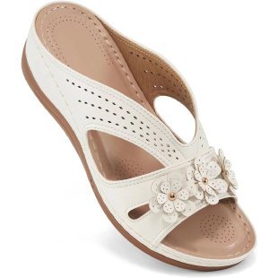 Damen Orthopädische Lederimitat-Pantolette mit Blumen‑Applikation und perforiertem Obermaterial Shop Nory