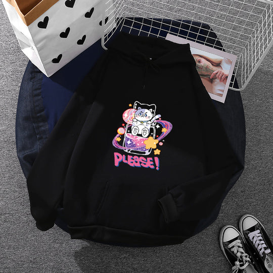 Damen nan oversized Kapuzenpullover im Streetstyle mit weichem Fleece-Innenfutter, Kängurutasche und farbenfrohem Cartoon-Katzen-Planet-Print Shop Nory