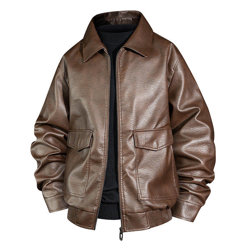 Herren Lässige Kunstlederjacke mit Kragen und Taschen Shop Nory