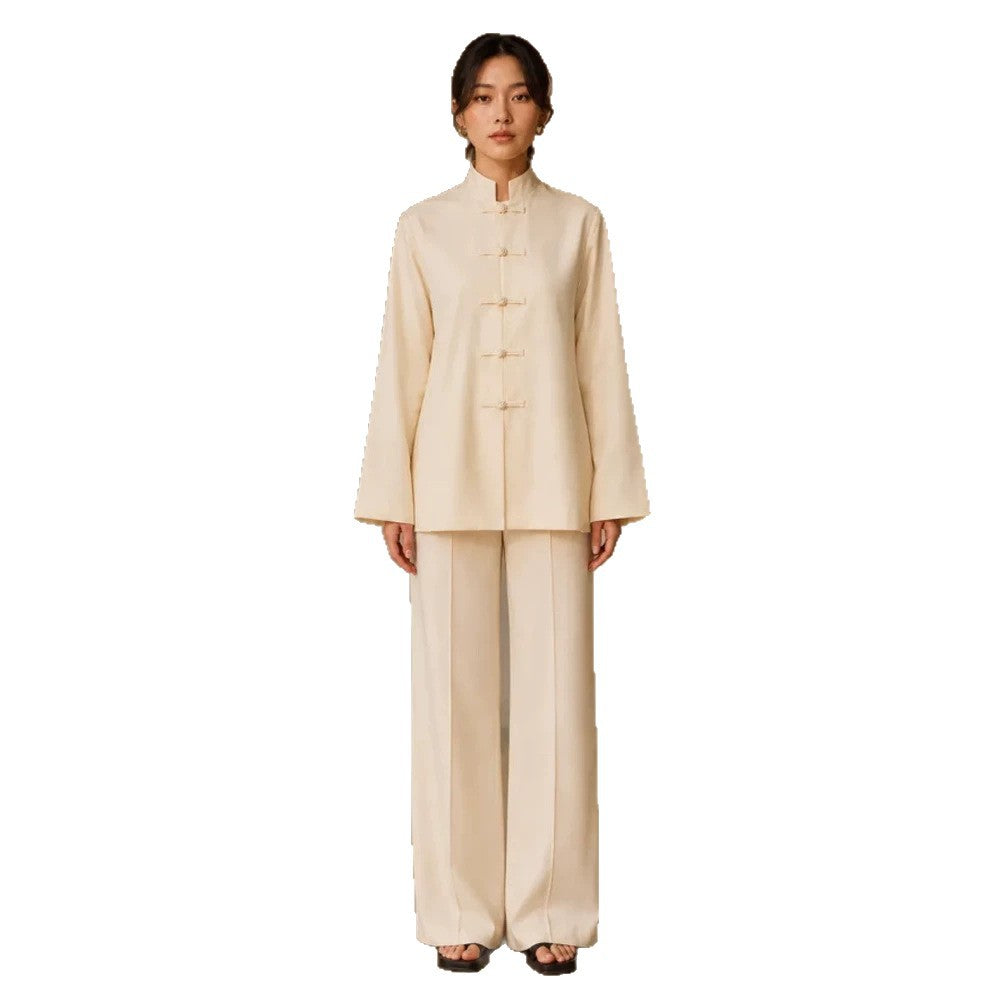 Damen Mandarin-Kragen Tunikajacke mit Knotenverschlüssen und weiter Palazzo-Hose Shop Nory