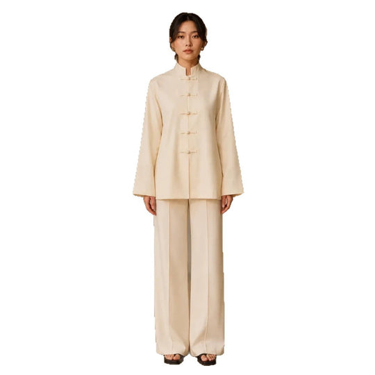 Damen Mandarin-Kragen Tunikajacke mit Knotenverschlüssen und weiter Palazzo-Hose Shop Nory