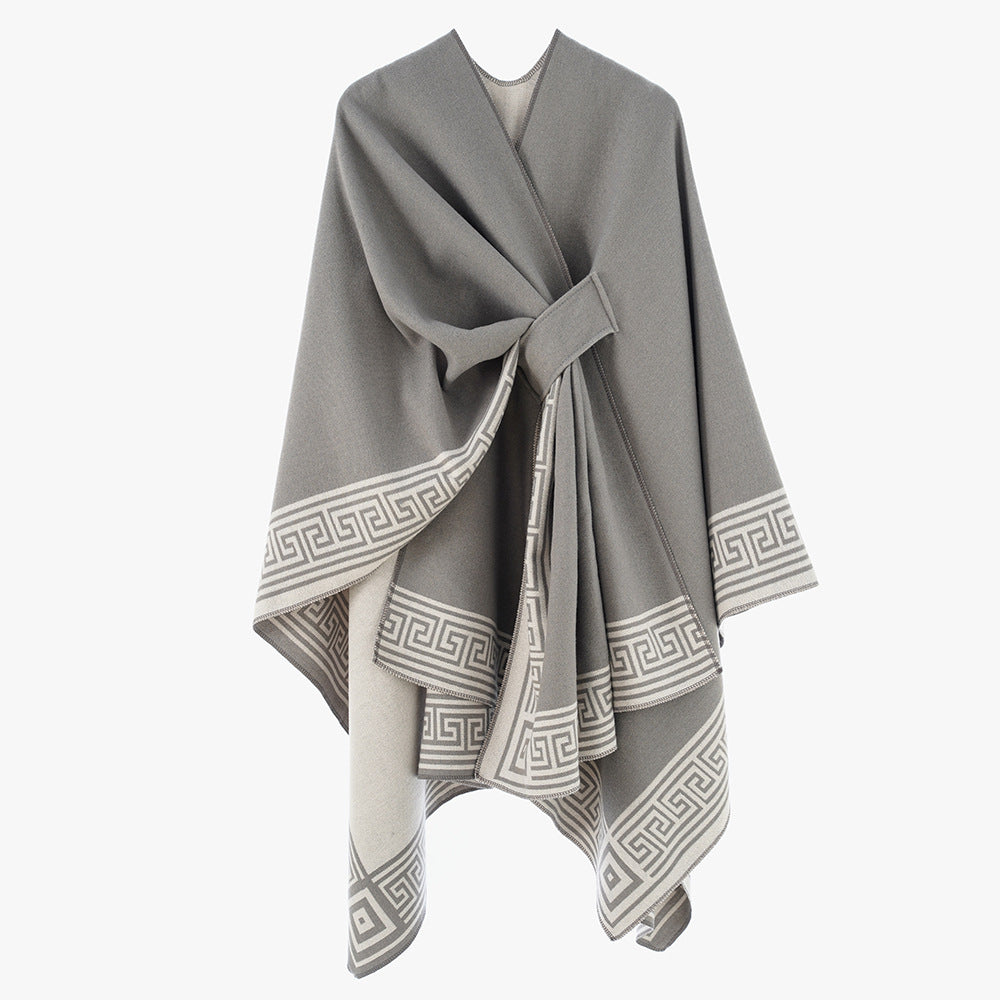 Damen Wendbarer Poncho aus Kaschmir‑Mischung mit grafischem Bordürenprint und Taillengürtel Shop Nory