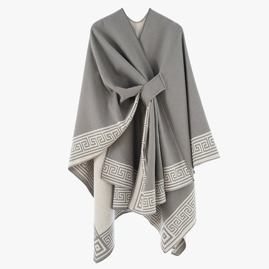 Damen Wendbarer Poncho aus Kaschmir‑Mischung mit grafischem Bordürenprint und Taillengürtel Shop Nory