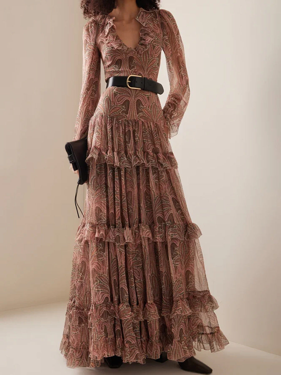 Damen Maxikleid mit rüschenverziertem GewShopnorye und elegantem V-Ausschnitt