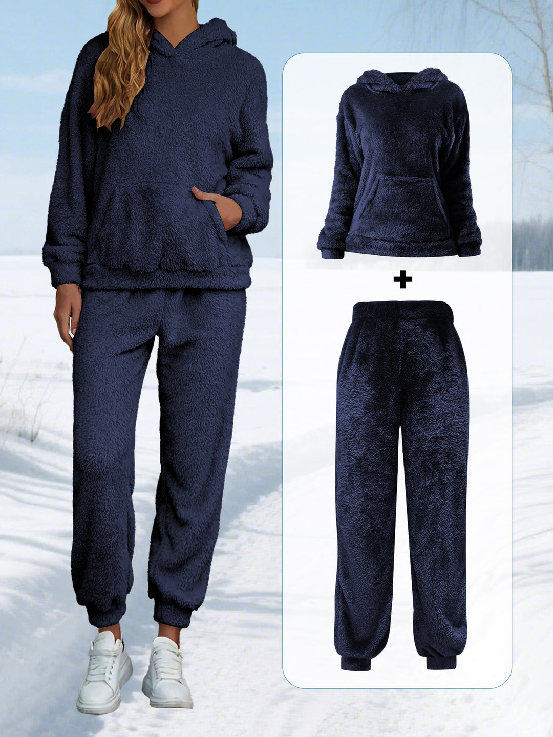 Damen Kuscheliges Teddy-Fleece Lounge-Set mit Kapuze und Kängurutasche Shopy Nory