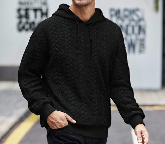 Herren strukturiertes Kapuzen-Sweatshirt mit Zopfstrick-Relief, Tunnelzug und Kängurutasche Shop Nory