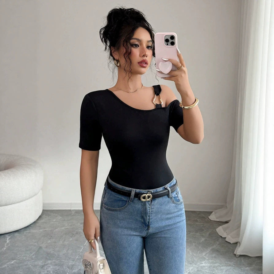 Damen eleganter Body mit asymmetrischem Ausschnitt und kurzärmeliger Gestaltung Shopnory