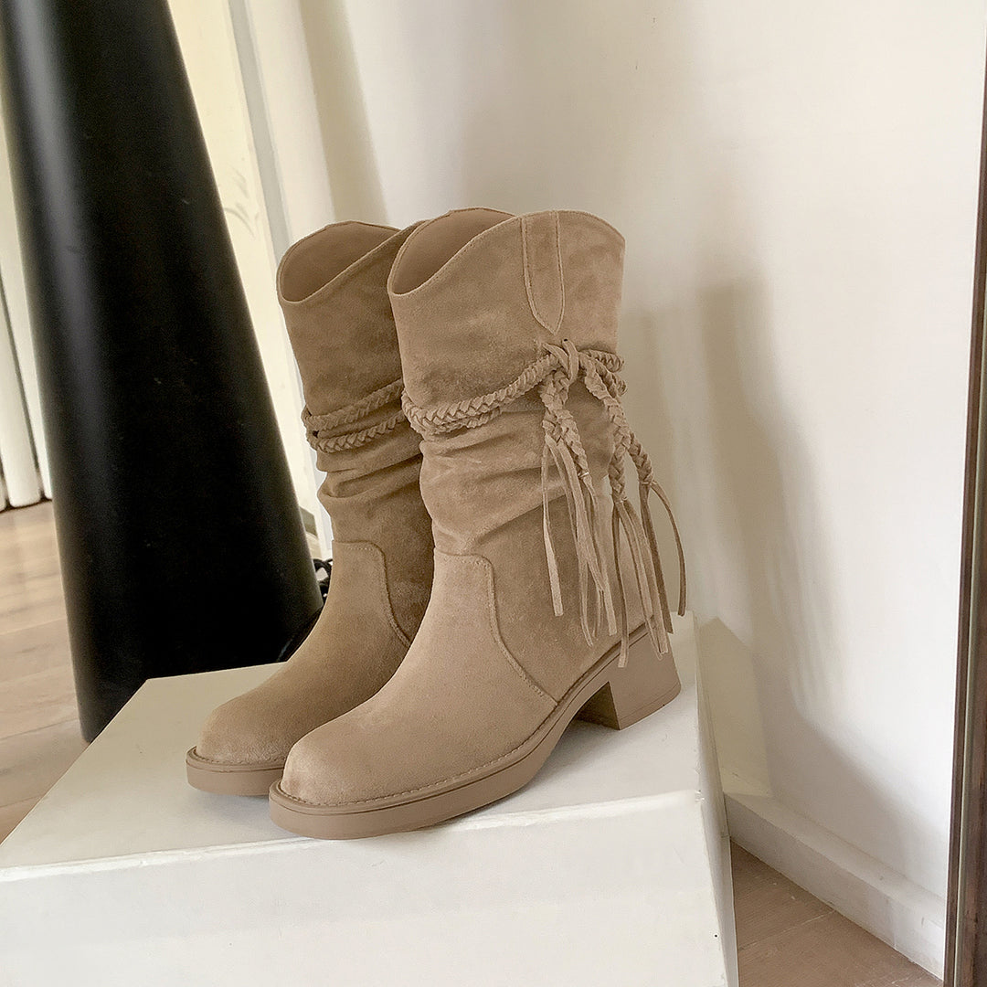Damen Wadenhohe Veloursleder-Stiefel mit geflochtenem Quastenriemen Shop Nory