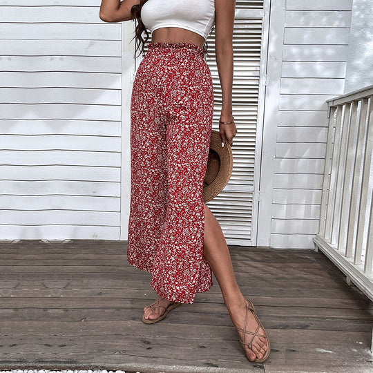 Damen Leichte High‑Waist Palazzo‑Hose mit Gummibund, Blumenprint und seitlichem Beinschlitz Shop Nory
