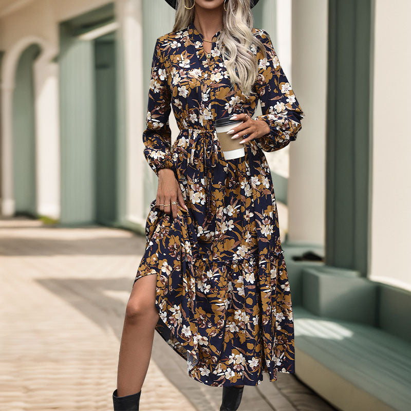 Damen Langärmeliges Midikleid mit Bindegürtel, Stufensaum und seitlichem Schlitz Shop Nory