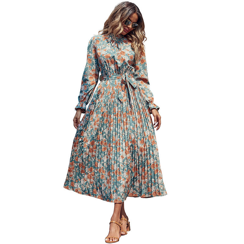 Damen Plissiertes Maxikleid mit Blumenprint, Stehkragen und Taillenband Shop Nory