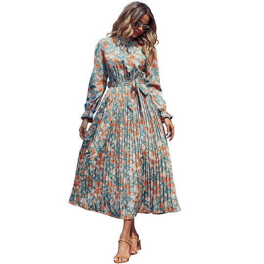 Damen Plissiertes Maxikleid mit Blumenprint, Stehkragen und Taillenband Shop Nory