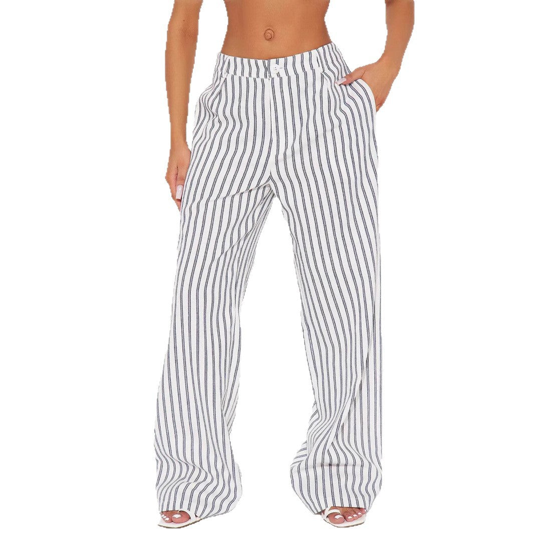 Damen Leinenoptik Palazzo-Hose mit hoher Taille und vertikalen Streifen Shop Nory