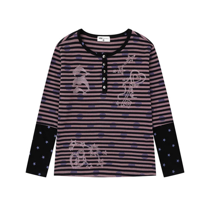 Damen Gestreiftes Henley-Langarmshirt mit Kontrastärmeln, Sternprint und Zierstein-Motiven Shop Nory