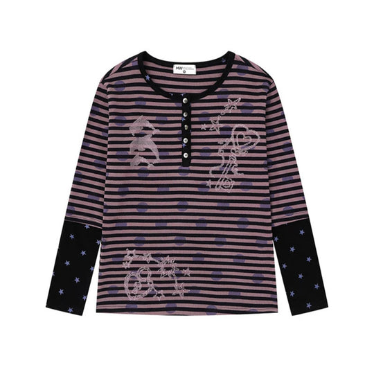 Damen Gestreiftes Henley-Langarmshirt mit Kontrastärmeln, Sternprint und Zierstein-Motiven Shop Nory
