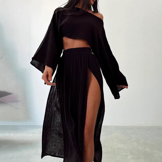 Damen luftiges Set aus cropped Oberteil und hoch geschnittenem Rock
