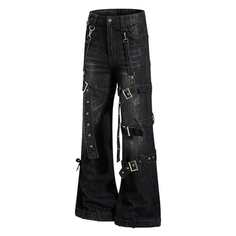 Damen Bondage-Flared-Jeans mit dekorativen Schnallen, Riemen und Used-Look Shop Nory