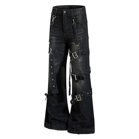 Damen Bondage-Flared-Jeans mit dekorativen Schnallen, Riemen und Used-Look Shop Nory