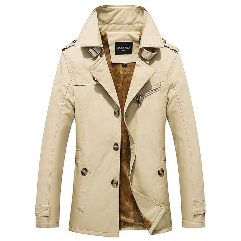 Herren mittellanger doppelreihiger Trenchcoat mit Teddyfutter und Stehkragen Shop Nory