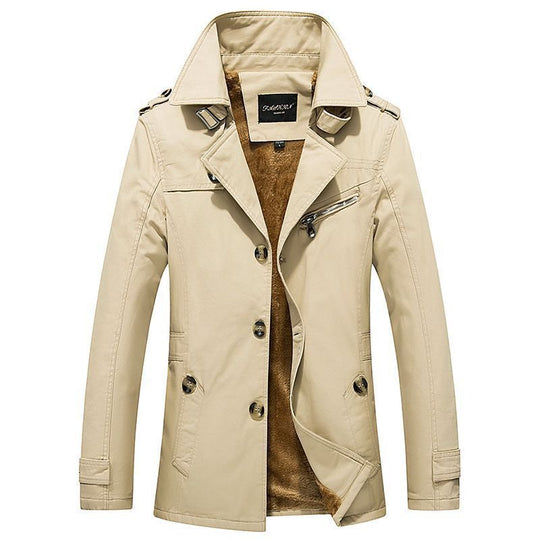 Herren mittellanger doppelreihiger Trenchcoat mit Teddyfutter und Stehkragen Shop Nory