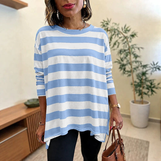 Damen Oversized Streifen-Longsleeve mit Rundhalsausschnitt und abgerundetem Saum Shop Nory