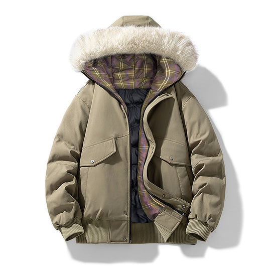 Herren Wattierte Winterjacke mit Kunstpelz-Kapuze, gestepptem kariertem Innenfutter und Bomberbündchen Shop Nory