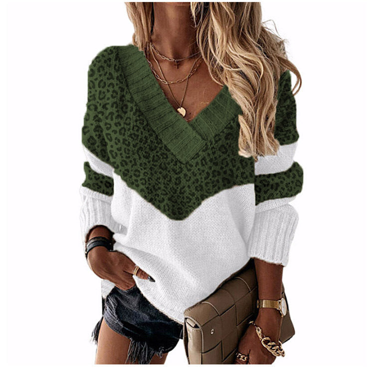 Damen V‑Ausschnitt Strickpullover mit Leo‑Print und Colorblock‑Design Shop Nory