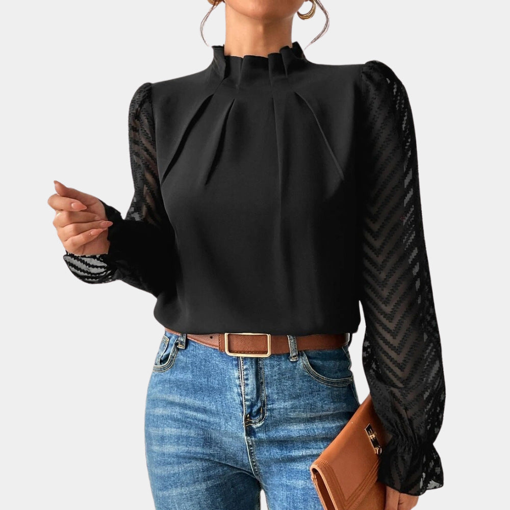 Damen Elegante Chiffonbluse mit Stehkragen, Faltenkante und transparenten Jacquard-Ärmeln Shop Nory