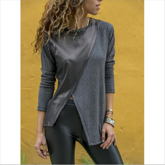 Damen Asymmetrisches Longsleeve mit Lederoptik‑Overlay und Rippstrick Shop Nory