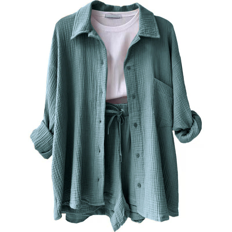Damen nan lässiges oversized Hemd und Shorts Set mit Brusttasche Kordelbund und gerauter Baumwollstruktur Shop Nory