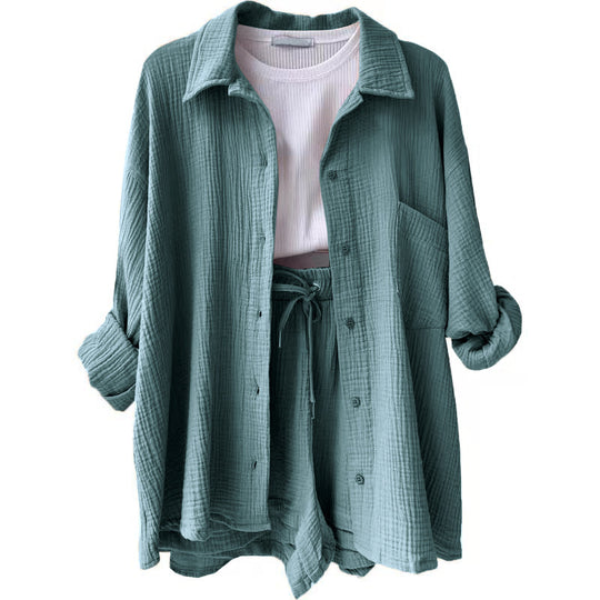 Damen nan lässiges oversized Hemd und Shorts Set mit Brusttasche Kordelbund und gerauter Baumwollstruktur Shop Nory