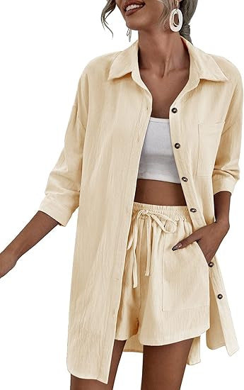 Damen Leichtes Longline-Hemdjacken-Set mit elastischer High-Waist-Shorts Shop Nory