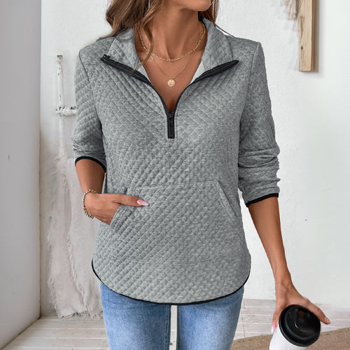 Damen Gepolsterter gesteppter Pullover mit Halbreißverschluss und Kängurutasche Shop Nory