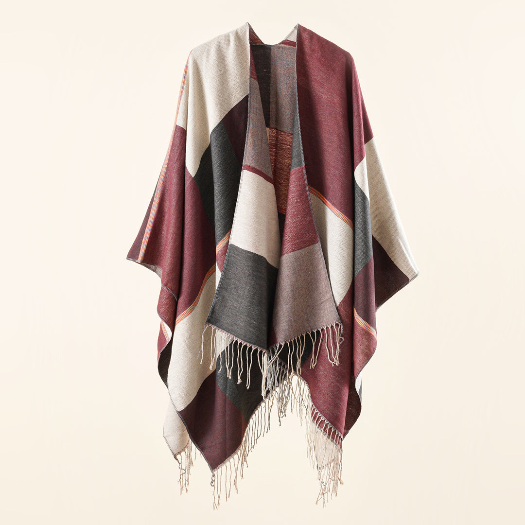 Damen Leichter Webruana mit geometrischem Blockmuster und Fransensaum Shop Nory
