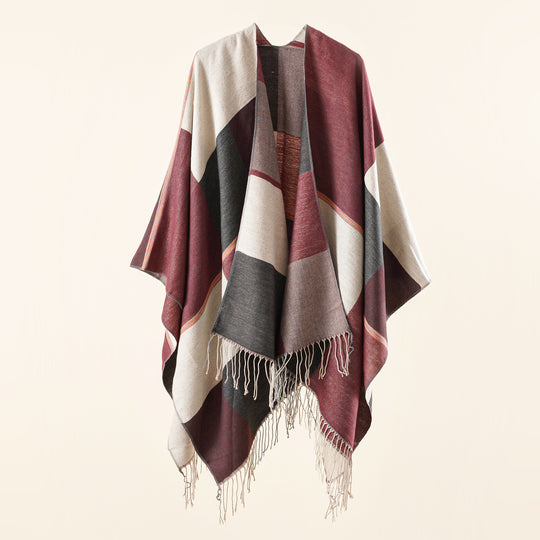 Damen Leichter Webruana mit geometrischem Blockmuster und Fransensaum Shop Nory