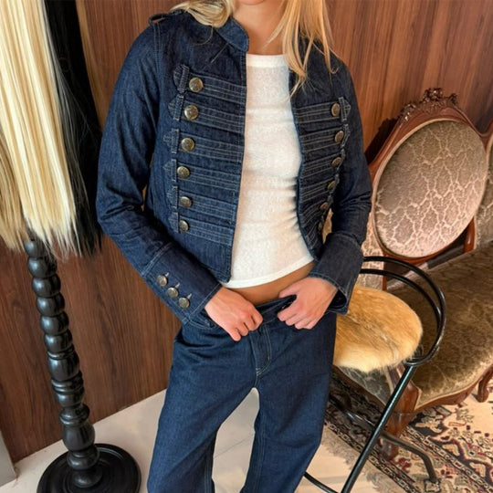 Damen Militärisch inspirierte taillierte Kurzjacke mit Zierfalten und Metallknöpfen Shop Nory
