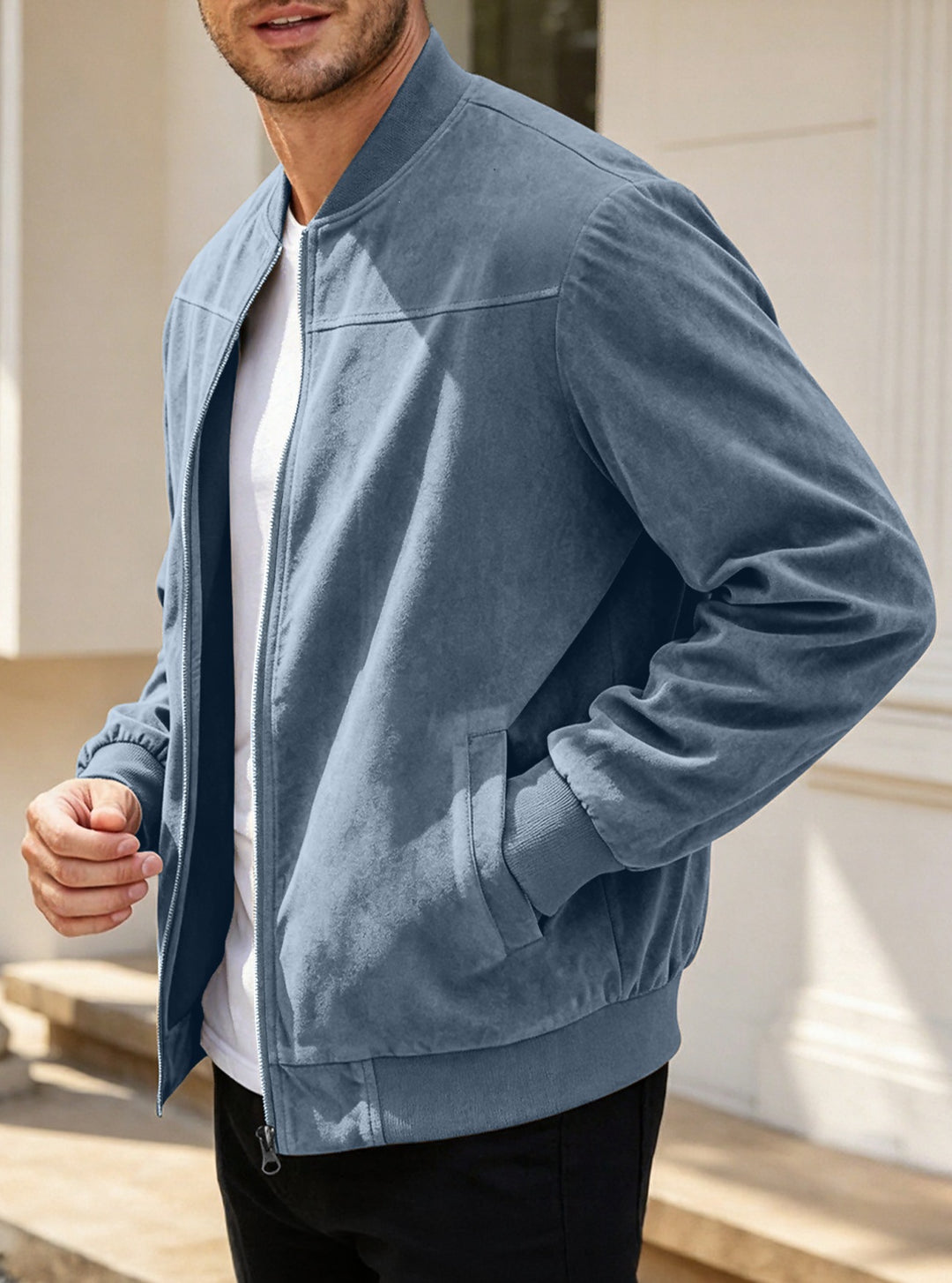 Herren Leichte Bomberjacke im Velours-Look mit Reißverschluss und Rippbündchen Shop Nory