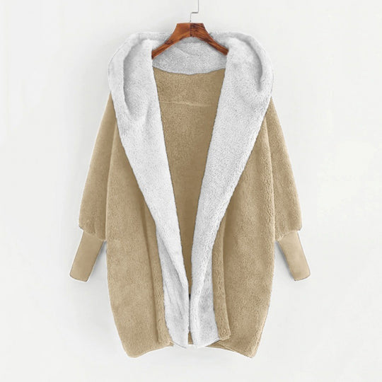 Damen Oversized Kunstfell-Kapuzenmantel mit kontrastierender Teddy-Innenseite und Rippbündchen Shop Nory