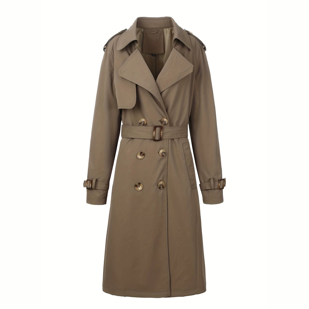 Damen Langer Doppelreihiger Trenchcoat mit Taillengürtel und Epauletten Shop Nory