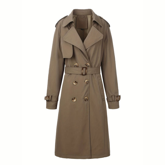Damen Langer Doppelreihiger Trenchcoat mit Taillengürtel und Epauletten Shop Nory