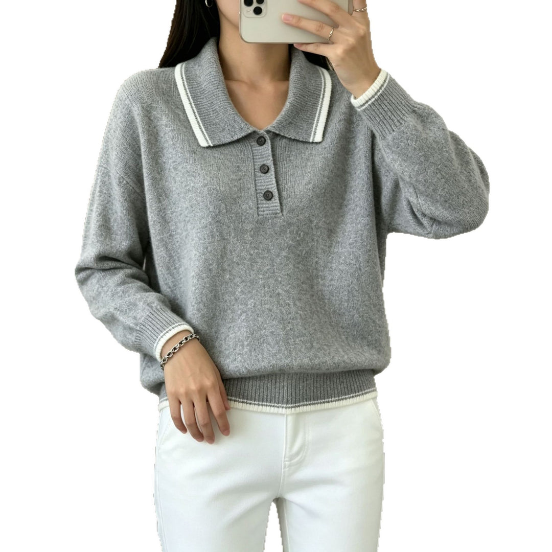 Damen Polokragen‑Strickpullover mit Knopfleiste und gerippten Bündchen Shop Nory