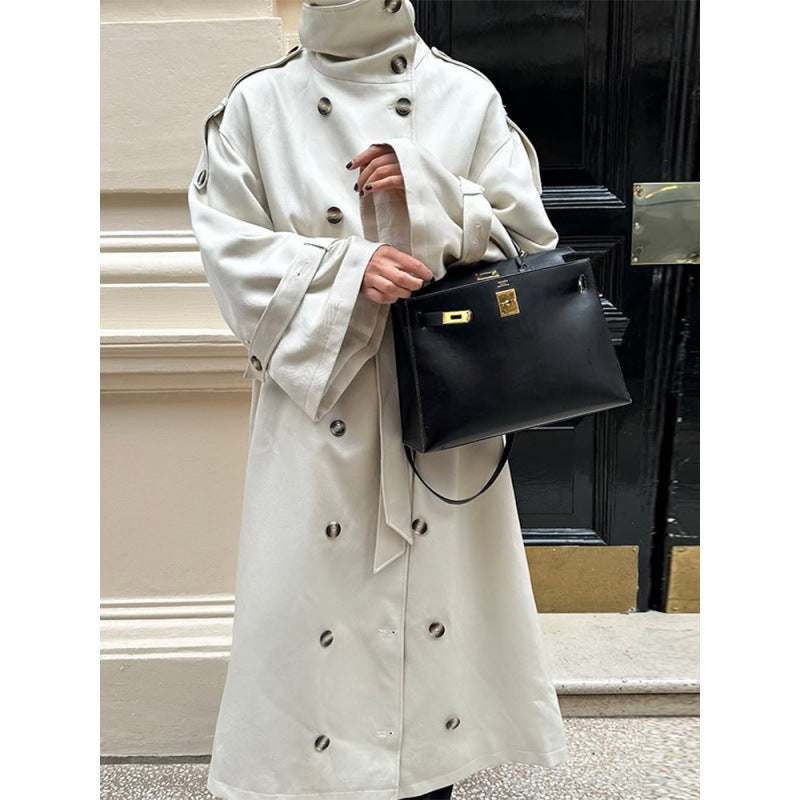 Damen Langer Oversized Trenchcoat mit hohem Stehkragen, Glockenärmeln und Bindegürtel Shop Nory