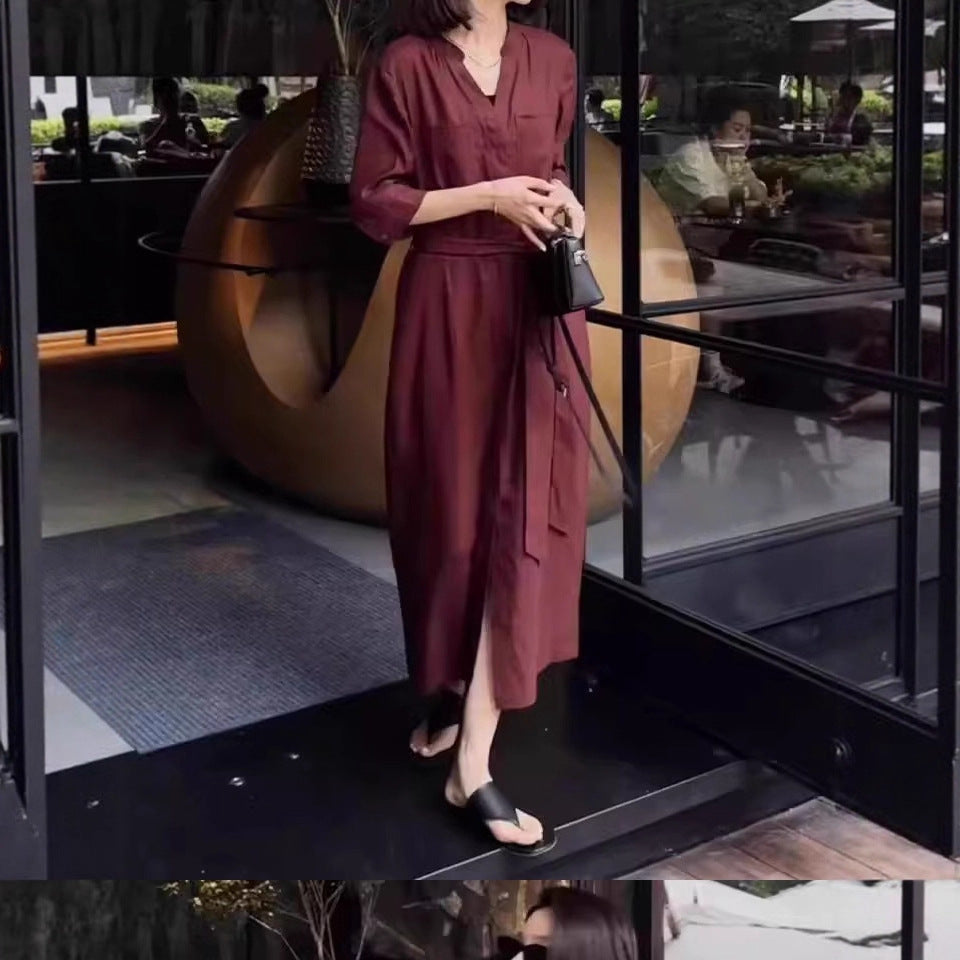 Damen Leinen-Overall mit tailliertem Bindegürtel und 3/4-Ärmeln Shop Nory