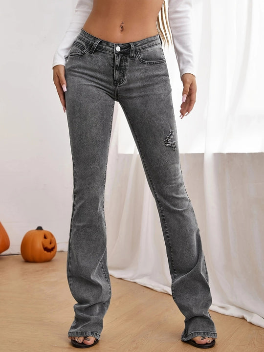 Damen Taillenhohe ausgestellte Jeans mit Perlenapplikation und formendem Bund Shop Nory